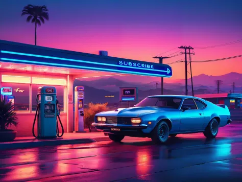 gas station, next to a retro car, neon light, night, a plant and a window with a view of the sunset outside of it, (retro:1.5), ...