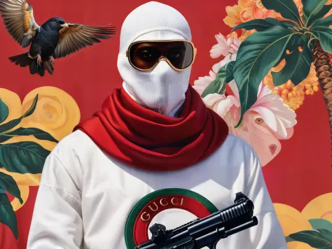 (full body:1.9) (in full growth:2.0),
a close up of a person wearing a white balaclava, holding a gun, gucci clothes, character ...