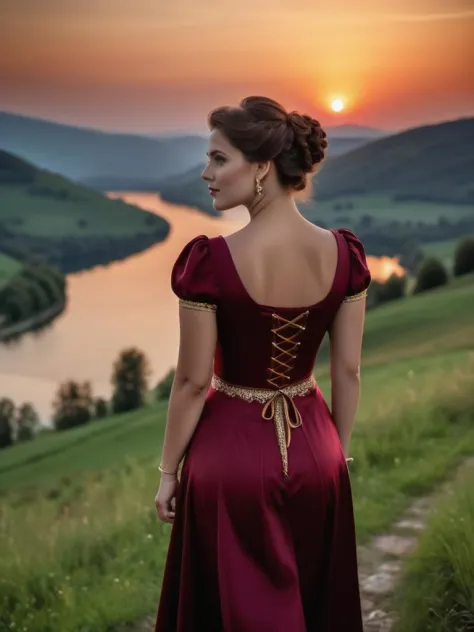 crepúsculo astronómico,  enfoque nítido, Una mujer bonita y con curvas, lugar para caminar, lago en el horizonte, pendiente, colina, Tomado desde un lado, (a tope), (En vestido burdeos dirndl), al anochecer, muy detallado, enfoque nítido