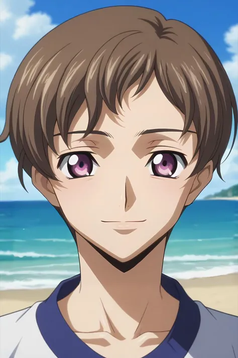 a man with brown hair and purple eyes standing in front of a beach