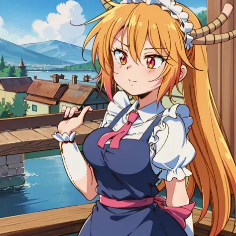 anime girl with long blonde hair and horns standing on a balcony