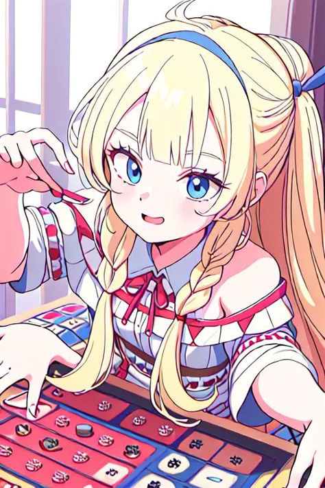 1girl, playing board games in a decorated dress, american household, split half blonde hair