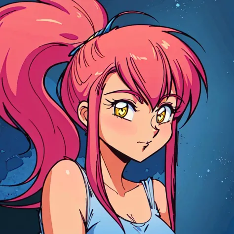 a close up of a cartoon girl with pink hair and a blue tank top