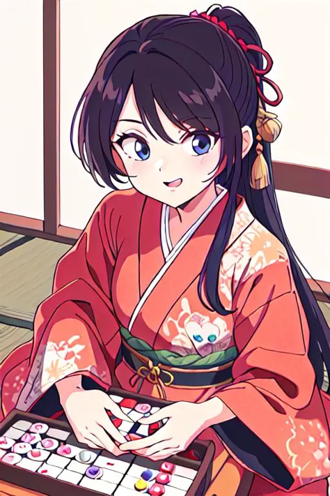 anime girl in kimono outfit playing a game of maki