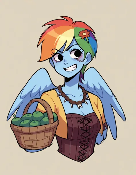 a cartoon drawing of a woman with a basket of fruit