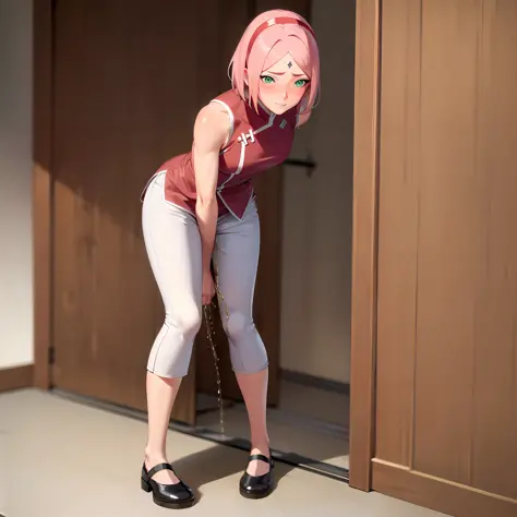 best illustration, masterpiece, best quality, absurdres, 1girl, beautiful face, realistic eyes, looking at viewer, have to pee, (peeing self), trembling, full body, blush, embarrassed, door, haruno sakura, forehead mark, side bangs, red hairband, pink hair, green eyes, red sleeveless dress, white pants