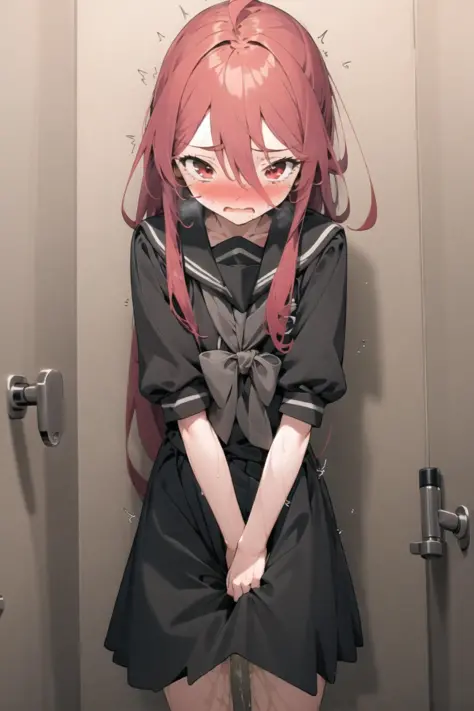 1girl with long hair and dress, 1 girl is taking to lavatory, looking away,  standing,  embarrassed, blush,Red hair and red eyes, Keep one's mouth shut,  street (girl is peeing self:0.4) <lora:GoldenSide-v21-1-e32-T1_lora:1> <lora:haveToPeePose:1>  <lora:s...