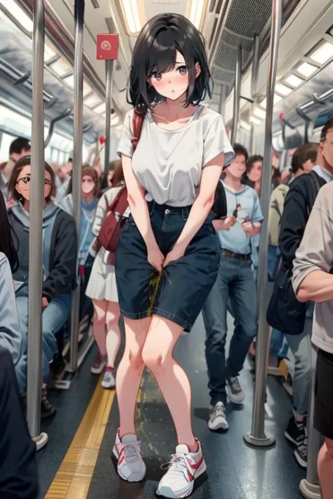 ,have to pee, peeing self, masterpiece, best quality, highly detailed ,beautiful face and eyes,1girl,standing in train,(((crowd ...