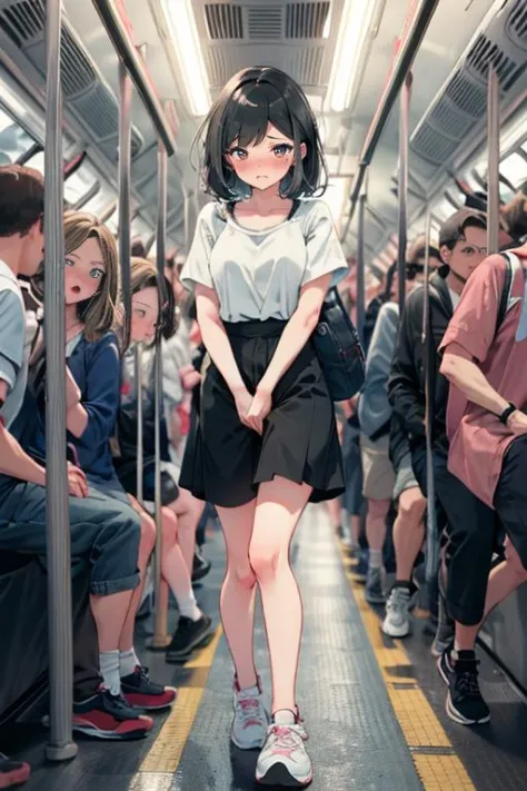 ,have to pee, peeing self, masterpiece, best quality, highly detailed ,beautiful face and eyes,1girl,standing in train,(((crowd ...