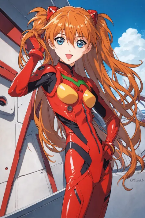 score_9,score_8_up,score_7_up,masterpiece,best quality,very aesthetic,absurdres,official art,official style,
1girl,long hair,plugsuit,bodysuit,souryuu asuka langley,pilot suit,bracer,blue eyes,smile,open mouth,breasts,bangs,turtleneck,solo,cowboy shot,:d,hair between eyes,gloves,red bodysuit,small breasts,looking at viewer,headgear,two side up,hand on hip,skinny,adjusting hair,narrow waist,standing,orange hair,science fiction,hand up,shiny clothes,hair ornament,happy,from side,shiny,skin tight,traditional media,
<lora:Keiji Gotoh_XL_PONY:0.8>,