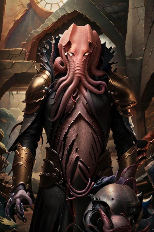 A close up of a person in a costume with a giant squid on his head