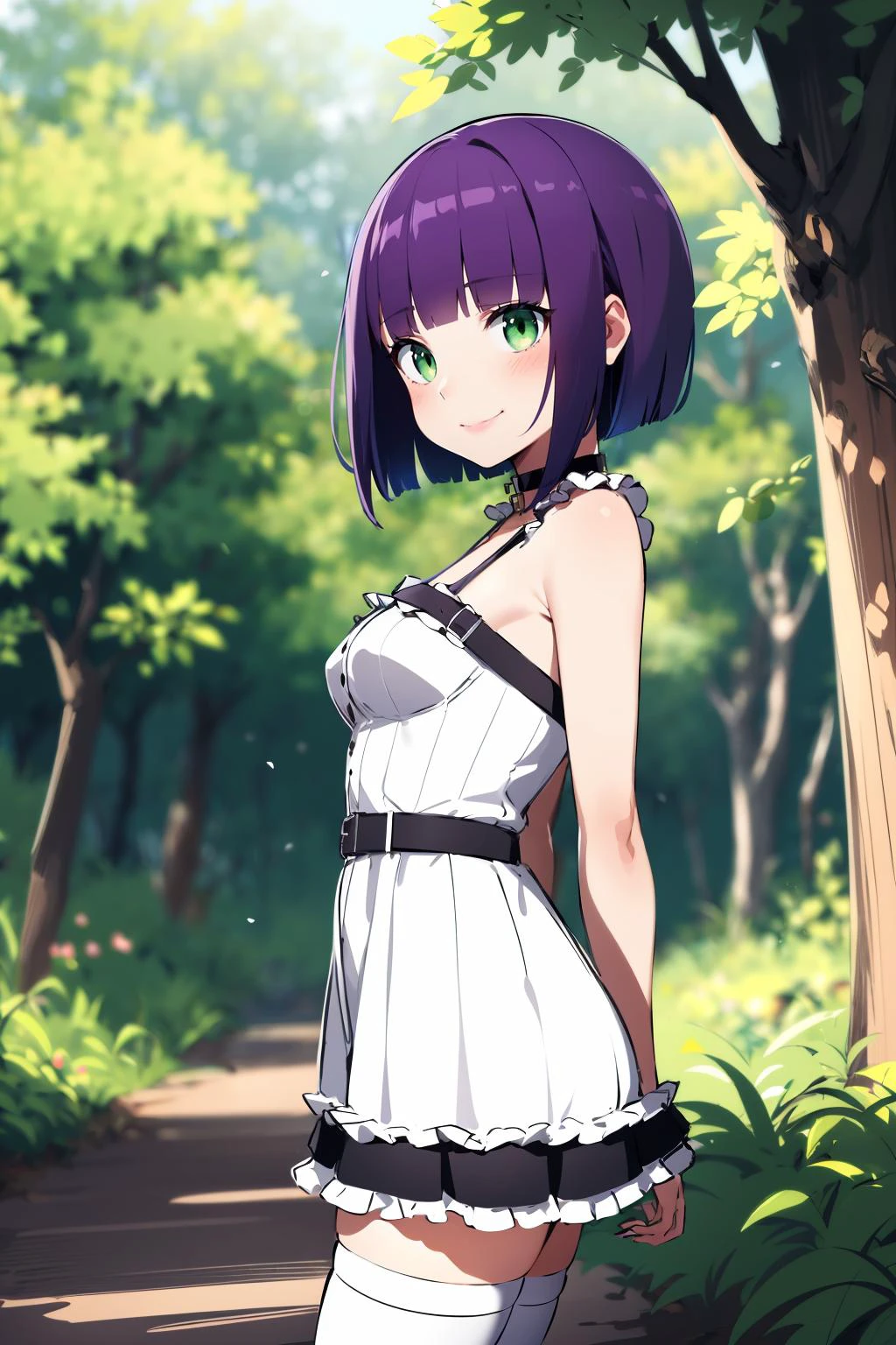 (masterpiece), best quality, expressive eyes, perfect face, solo, , sketch, 
short hair, blunt bangs, purple hair, green eyes, medium breasts, white dress, bursting breasts, seductive smile, choker, frills, belt, thighhighs, arms behind back, 
forest, portrait, from side,