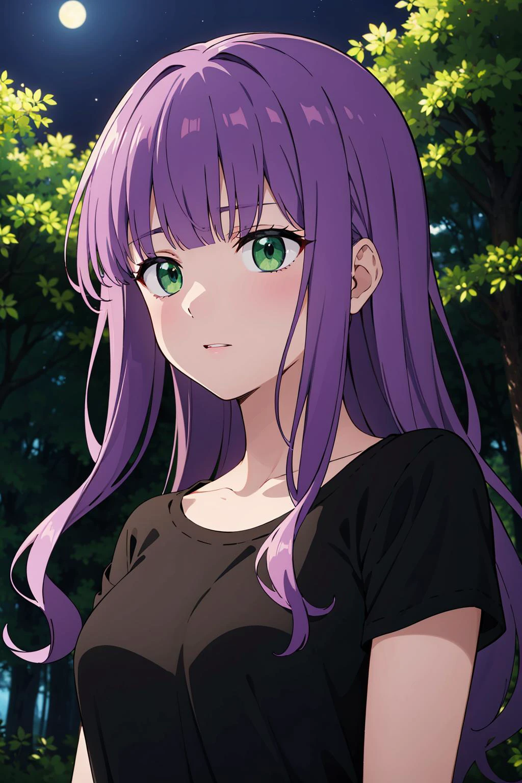 (masterpiece), best quality, expressive eyes, perfect face, solo,
long hair, wavy hair, blunt bangs, purple hair, green eyes, medium breasts, black t-shirt,
forest, night,