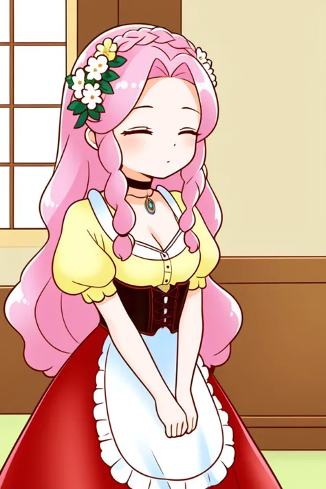 1 girl, indoors, ((flowers)), 
 <lora:Harvest_Moon_Hero_of_Leaf_Valley_-_Lyla:0.4> holvlyla, pink hair, long hair, wavy hair, braid, sidelocks, hair flower, closed eyes,
choker, pendant, yellow blouse, cleavage, puffy sleeves, short sleeves, corset, apron, red skirt, long skirt, floral pattern,