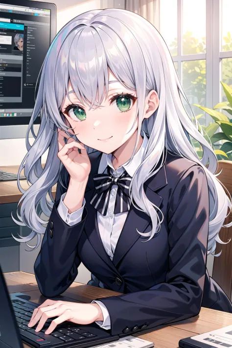 masterpiece, best quality, indoors, close-up, long hair, wavy hair, silver hair, green eyes, hand on own chin, smile, table, computer, medium breasts, suit jacket,