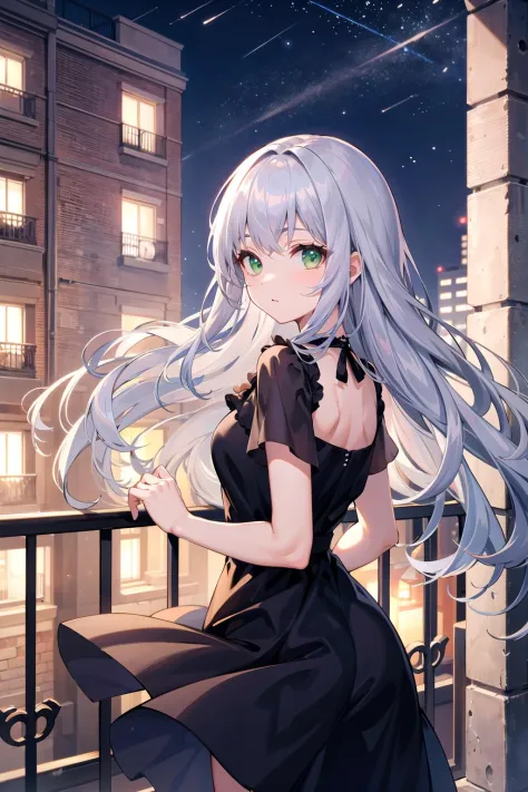 masterpiece, best quality, outdoors, night, balcony, from behind, wind, long hair, silver hair, looking back, green eyes, dress, depth of field,