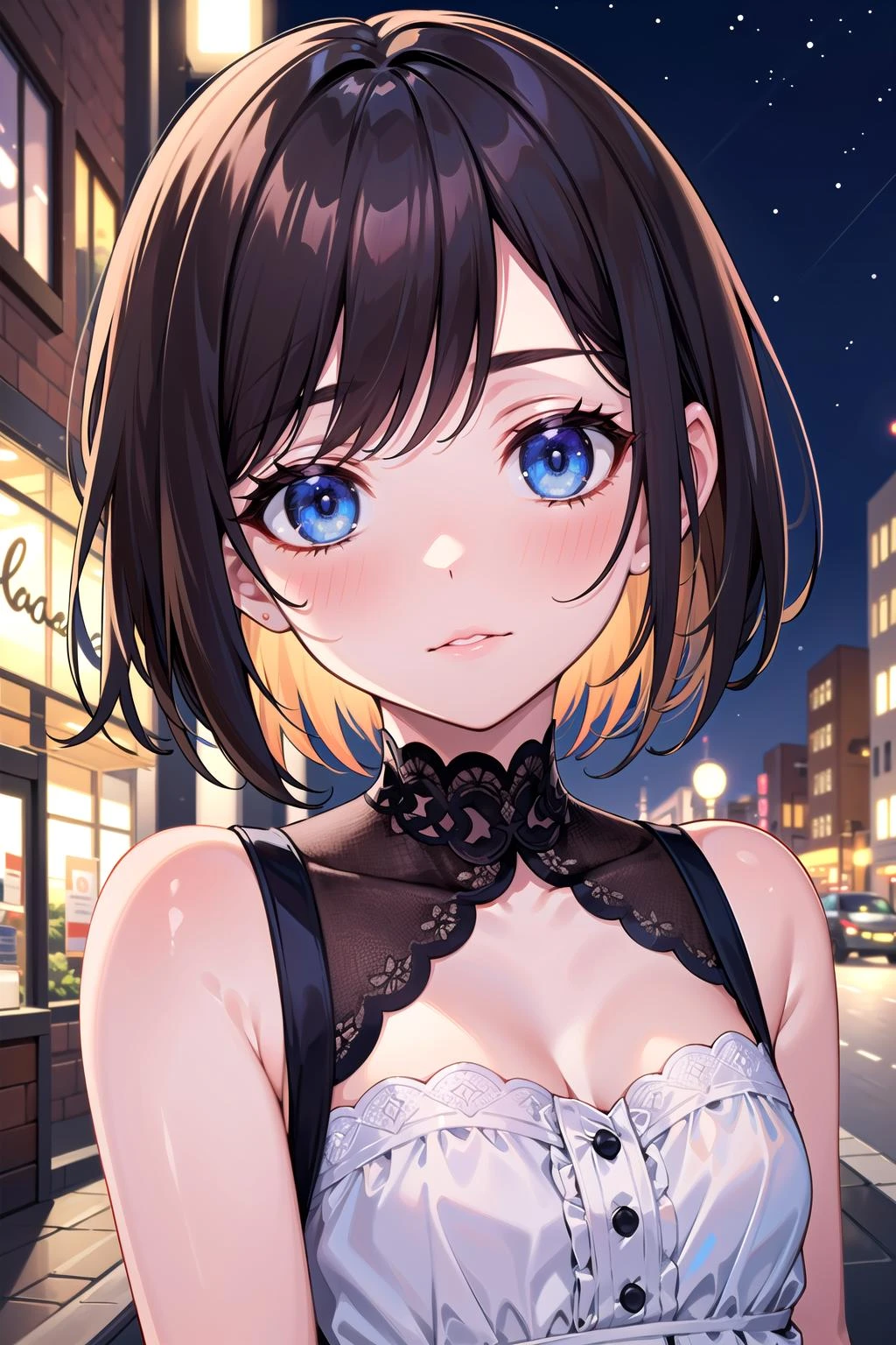 (masterpiece, best quality, high quality, highres), 1girl, extremely beautiful detailed face, short hair, brown hair, blue eyes, flat chest, dress, outdoors, street, night, close-up, depth of field,  best shadow,