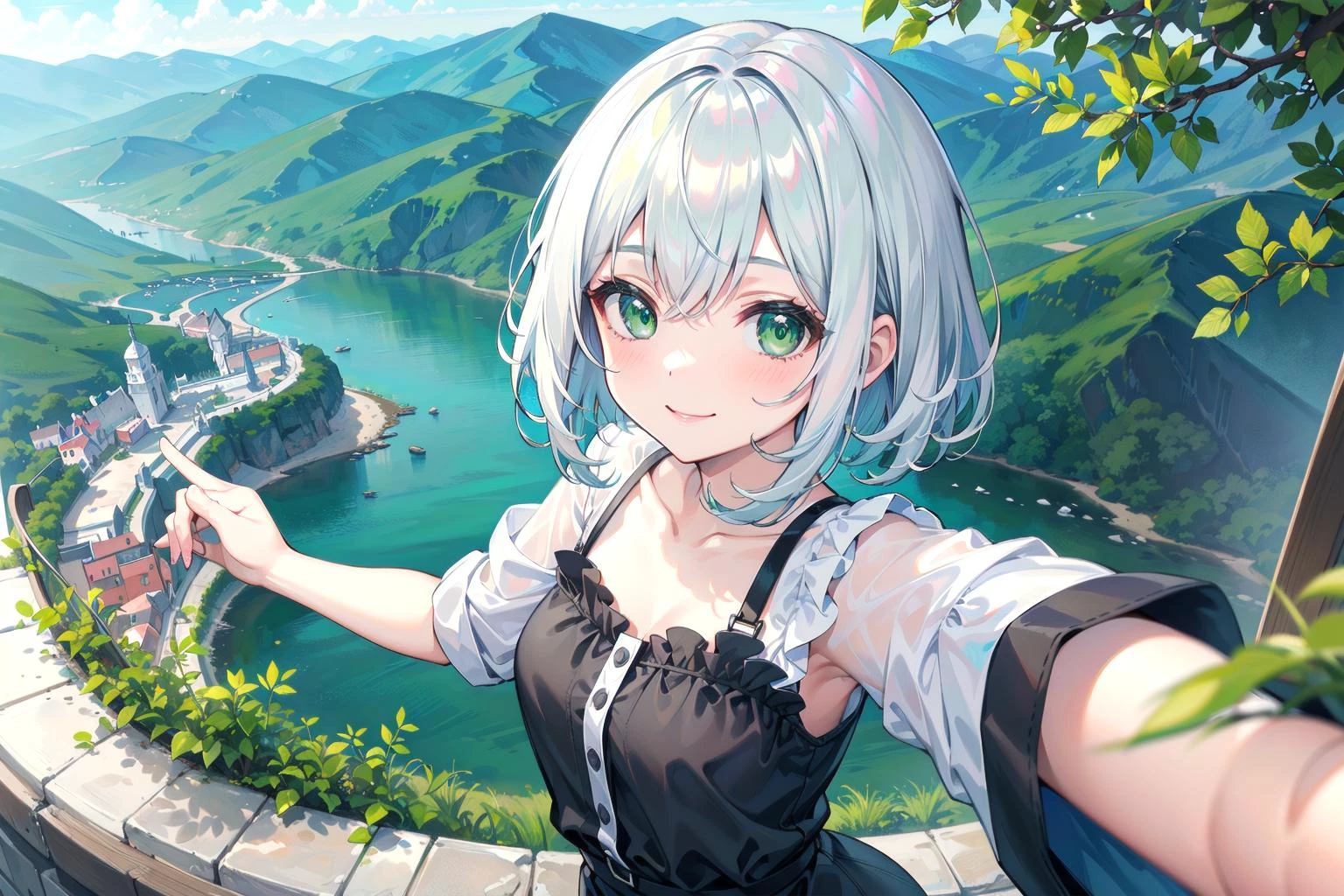 masterpiece, best quality, wide shot from above, green mountain view, a girl with short white hair and green eyes, smile, selfie,