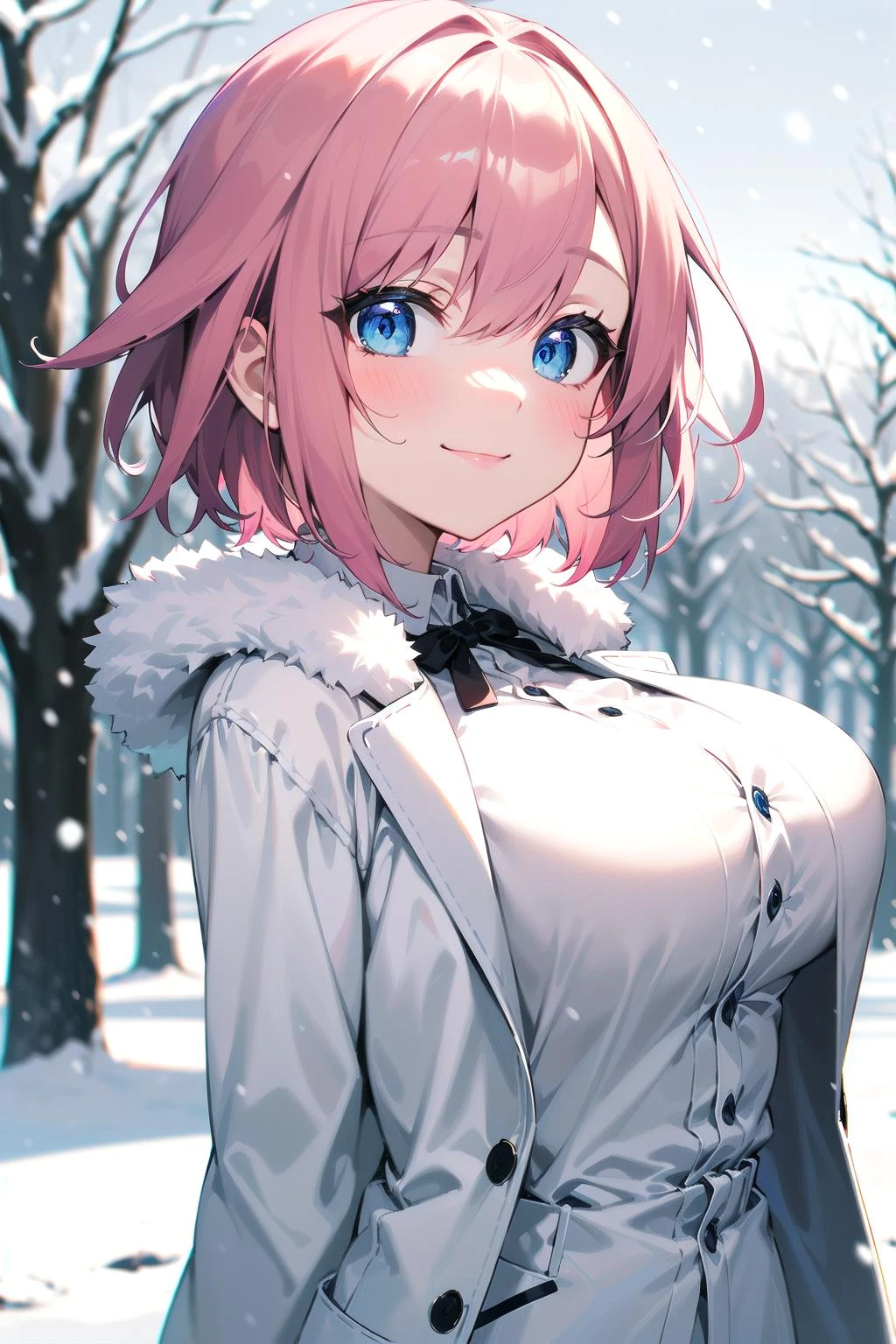 masterpiece, best quality, short hair, pink hair, blue eyes, smile, close-up, depth of field, large breasts, white shirt, coat, outdoors, snowing,