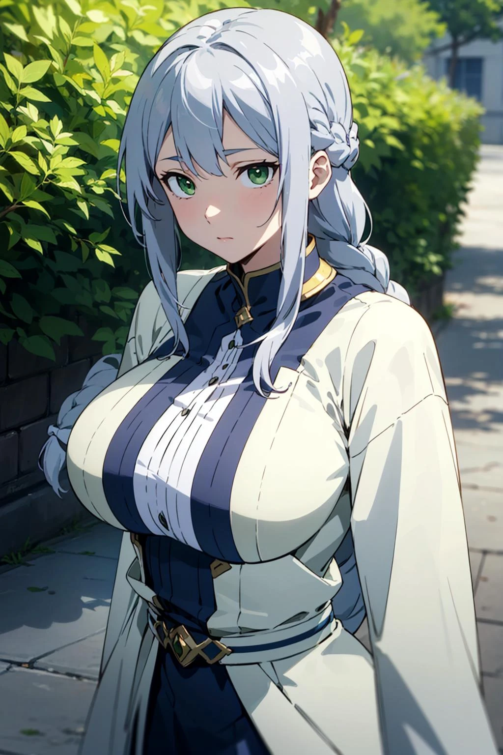 masterpiece, best quality, anime screencap, face,
long hair, silver hair, gigantic breasts, outdoors, green eyes, standing, braid,
depth of field, (close-up:0.9),
