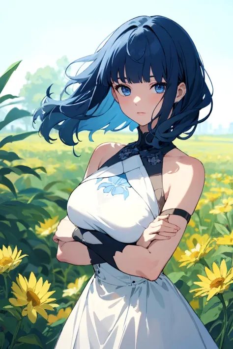 masterpiece, best quality, cute,
medium hair, [blue | blonde] hair, [blue | yellow] eyes, wavy hair, blunt bangs, large breasts, dress, bare shoulders, flower, crossed arms,
depth of field, field,