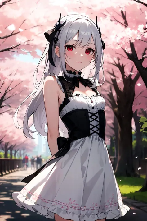 masterpiece, best quality, intricate, long hair, silver hair, red eyes, dress, frills, gothic, arms behind back, 
outdoors, cherry blossoms, depth of field,