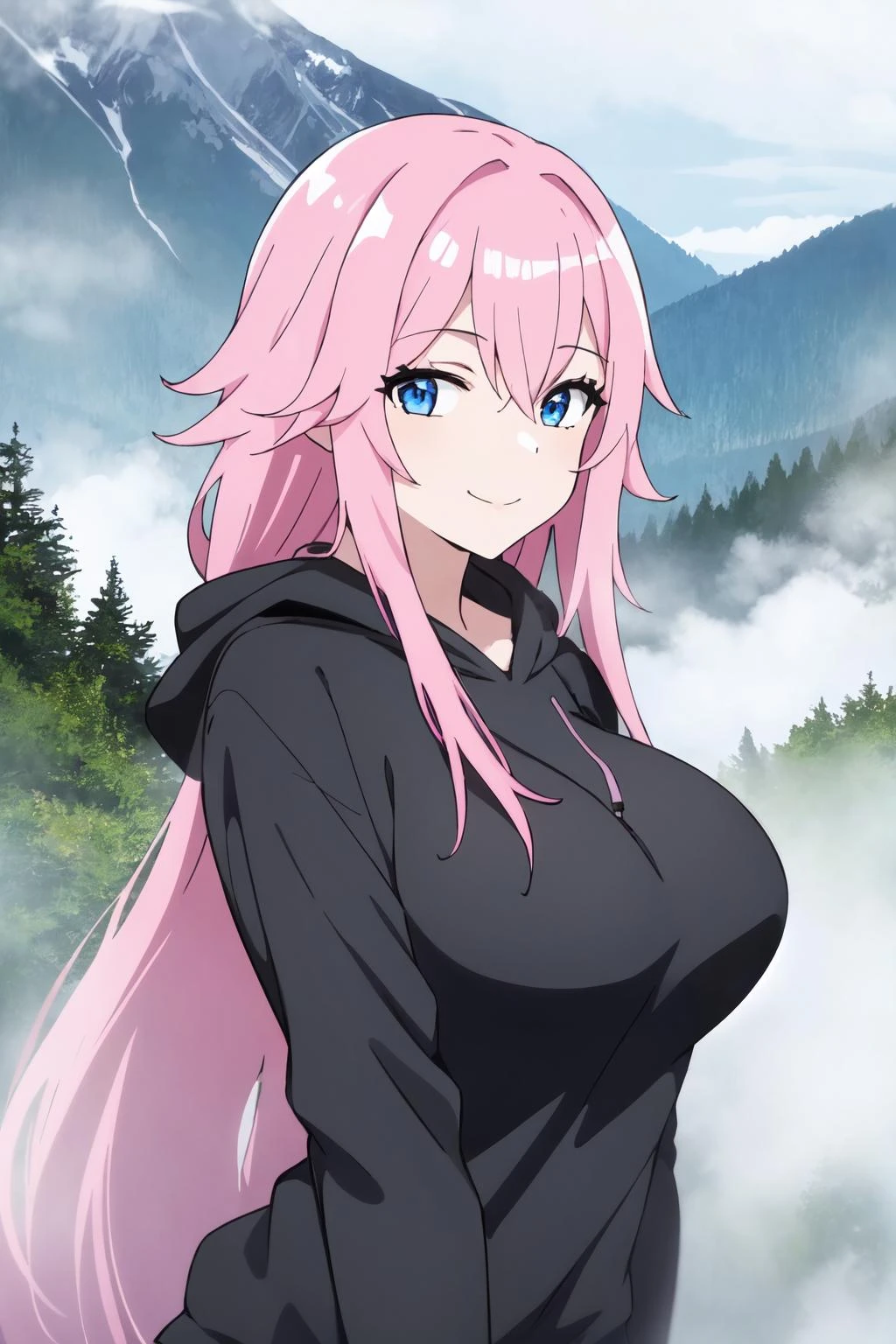 masterpiece, best quality, 1girl, solo, mature female, 
long hair, pink hair, blue eyes, large breasts, black hoodie, light smile, 
portrait, mountain, fog,