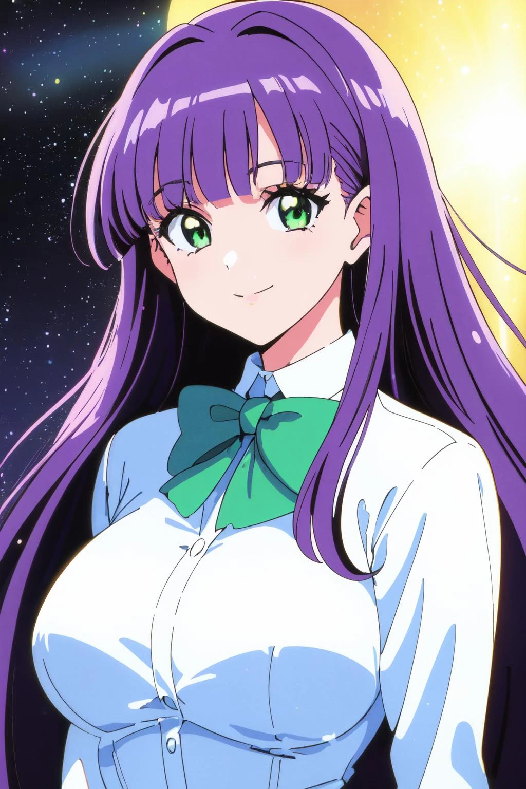 masterpiece, best quality, 1girl, solo, (1990s \(style\):1.2), 
long hair, purple hair, green eyes, white shirt, large breasts, blunt bangs, makeup, light smile, bowtie,
portrait, simple background, starry sky, lens flare,