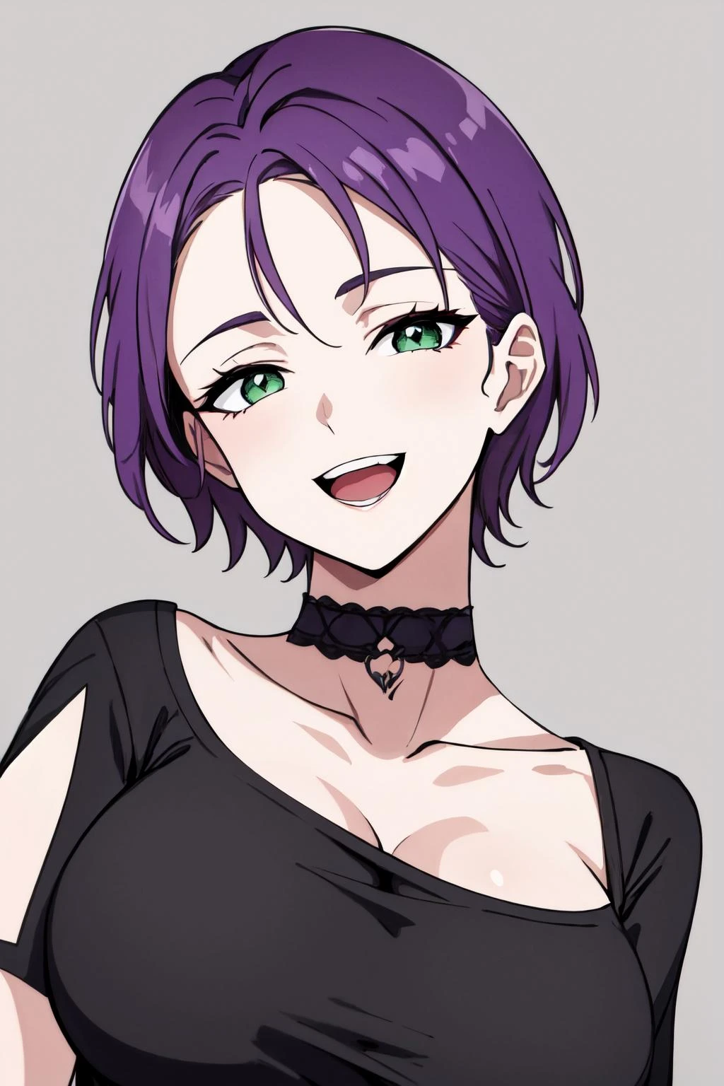 masterpiece, best quality, solo, gothic, 
short hair, purple hair, green eyes, choker, t-shirt, large breasts, open mouth, smile,
portrait, simple background,