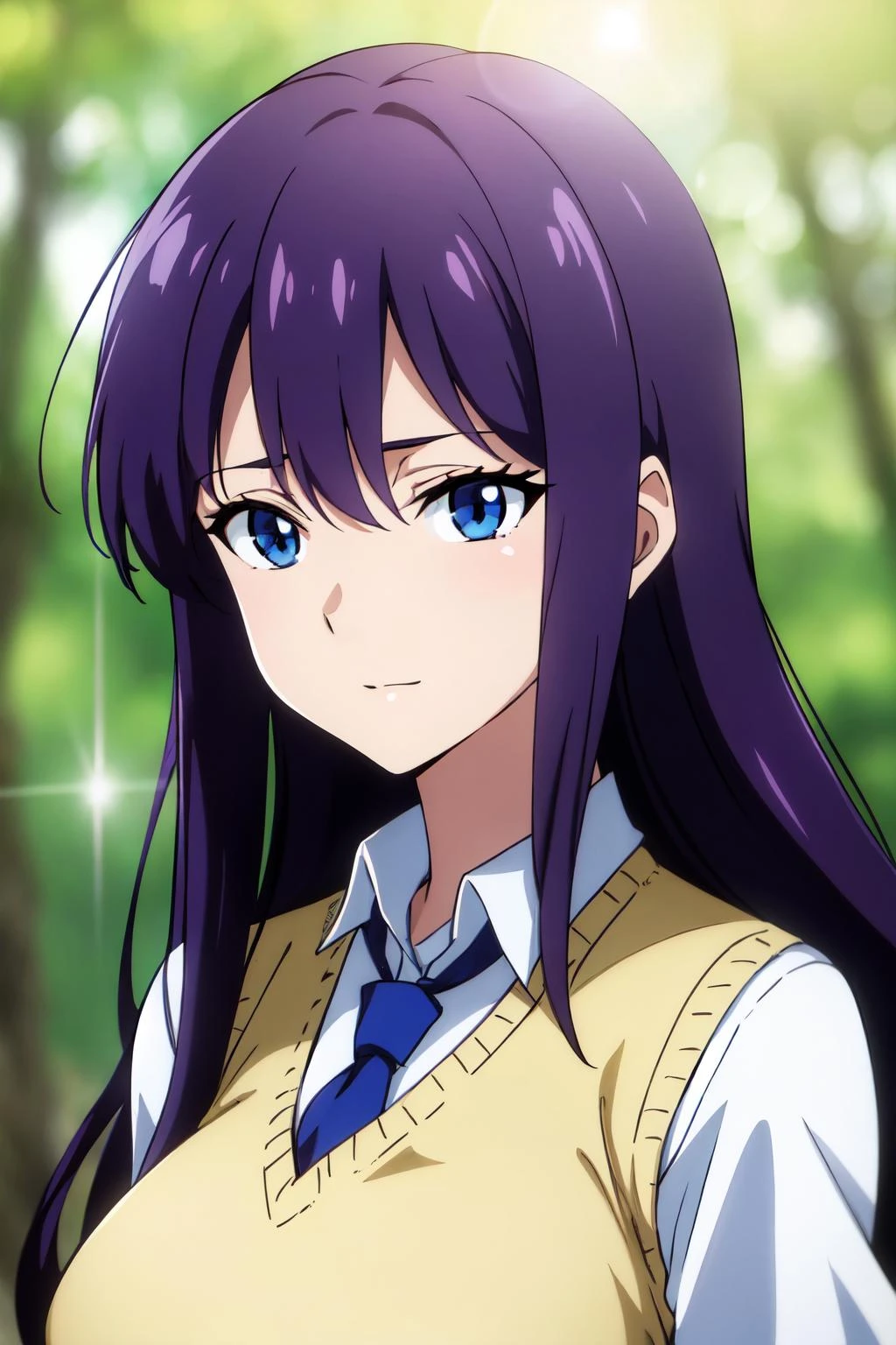 masterpiece, best quality, solo, anime screencap, mature female, 
long hair, purple hair, blue eyes, white shirt, necktie, large breasts, sweater vest, 
depth of field, blurry background, forest, portrait, wind, lens flare, good hands,