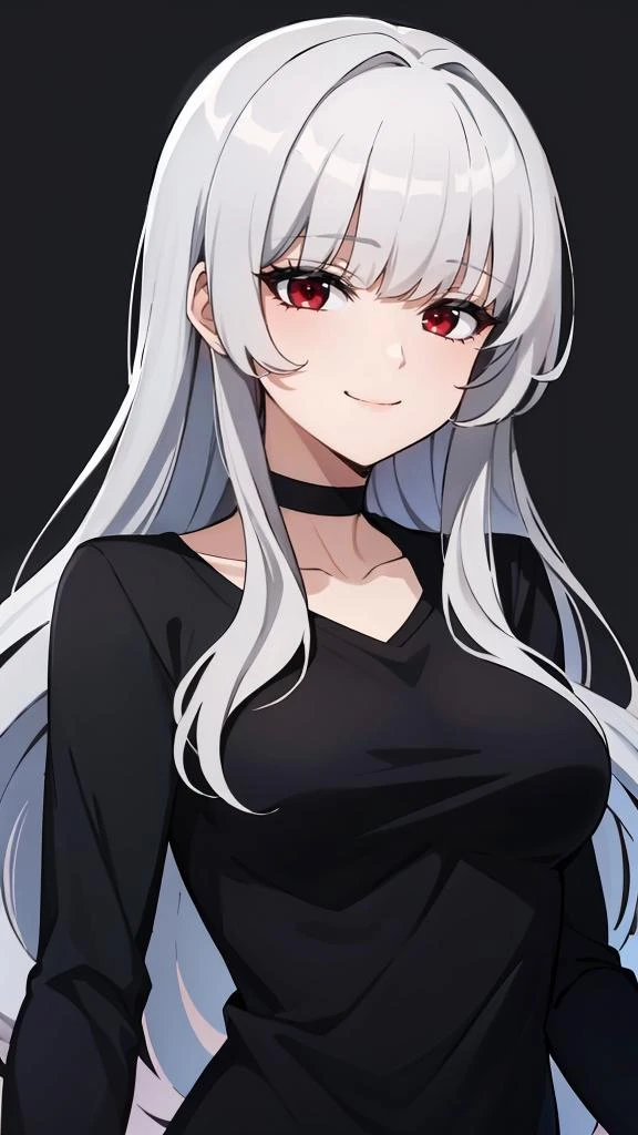 solo, {{ mature female, }}
long hair, wavy hair, blunt bangs, hair over eyes, silver hair, red eyes, medium breasts, light smile, gothic, black t-shirt, long sleeves, 
simple background, 
masterpiece, best quality, absurdres,