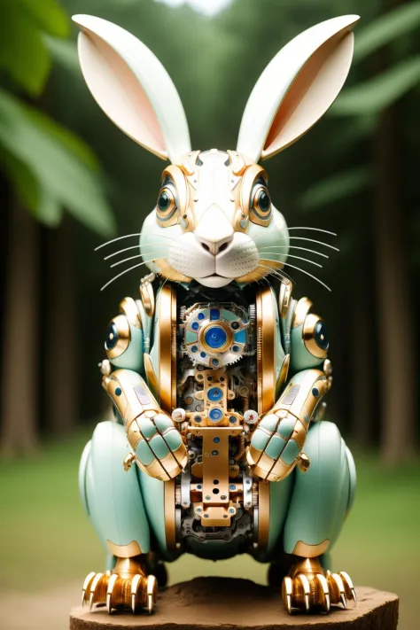 ((masterpiece)), ((best quality)), 8k, high detailed, ultra-detailed, A mechanical rabbit, harmoniously integrated into the beauty of nature, capturing the balance between technology and the environment, ((nature)), ((harmonious integration)), ((technology...
