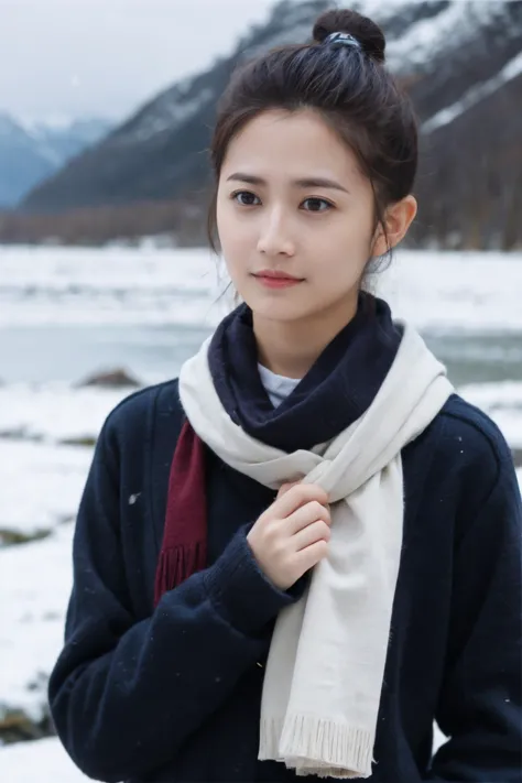 1girl,ice field,water,snowing,wind,cold,scarf,upper_body,<lora:sssss-000020:0.8>,hand,