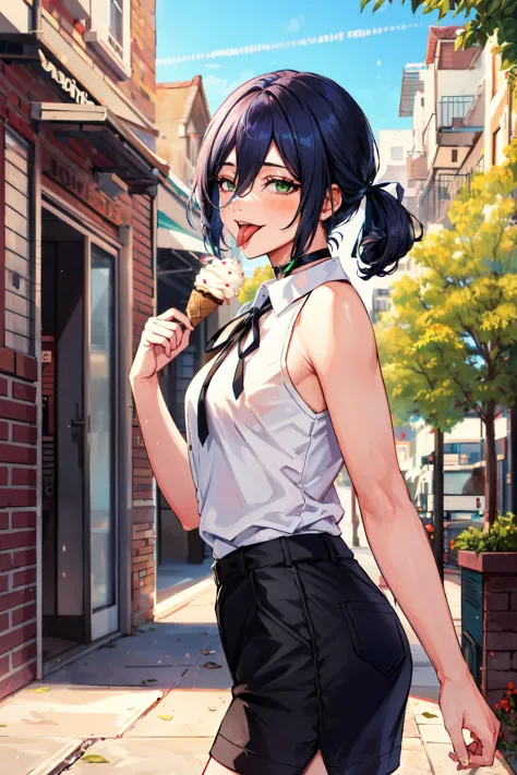 anime girl eating ice cream cone on sidewalk in urban area