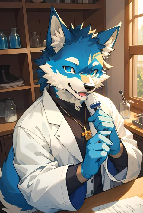 perfect anatomy, furry, male, (wolf), pendant, kemono, 1boy, ((clothed)), lab coat, model, white and blue fur, lab, ((wink)), (d...