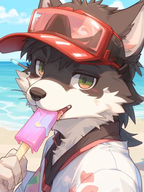 by jrjresq, by kiguri, 
mammal, furry, male, solo, clothed, visor, 
licking popsicle, summer,
