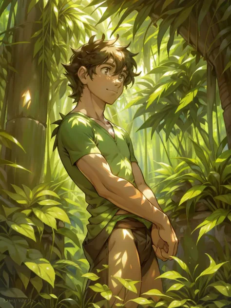 male focus, A charming young man with windswept hair, exploring a (lush rainforest), vibrant (wildlife and exotic plants) around...