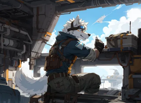 male, anthro, solo, white wolf, white fur, goggles on head, fixing, working, looking to the side, space base, on roof, cargo trunks, fingerless gloves, (wolf tail), from side,