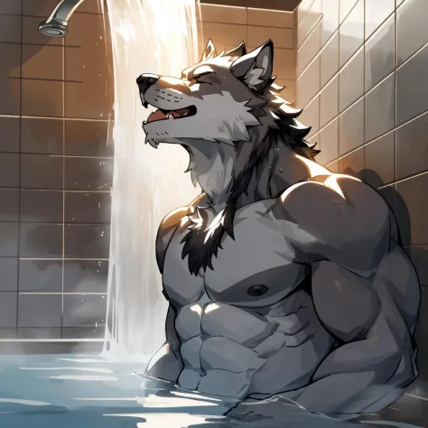 Steam curls around powerfully built limbs as hot water cascades over silver fur, a lone wolf braced against the tiles of a spaci...