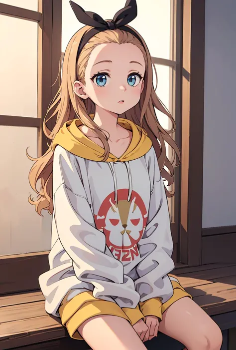 (masterpiece, best quality), 1girl,    <lora:kurumi_(lycoris_recoil):0.8> kurumi \(lycoris recoil\),long hair,black hairband,hair ribbon,forehead,collarbone,hoodie,white hoodie,drawstring,long sleeves,sleeves past fingers,barefoot