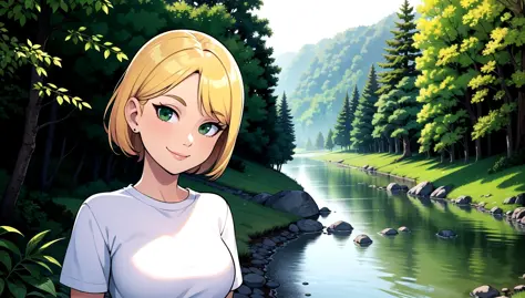 masterpiece, best quality, ultra-detailed, beautiful lighting, incredible landscape, river, forest, woman, perfect body, short hair, blonde hair, (green eyes:1.2), standing, smile, perfect eyes, casual clothing, looking at viewer, upperbody, white shirt