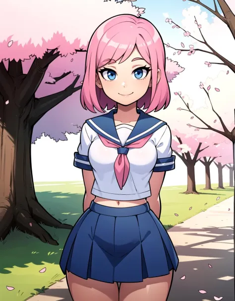 schoolgirl, pink hair, small breasts, (wide hips:1.2), standing, smile, school uniform, blue miniskirt, hands at sides, looking at viewer, outside, near tree, arms behind back, (road:0.6), pov, looking at viewer, facing viewer, perfect eyes, blue eyes, cherry blossom