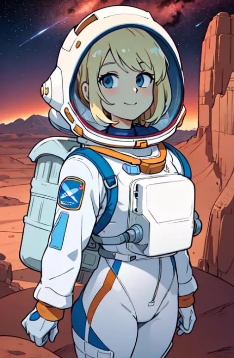 high res, 1girl, mature female, halfbody, blonde hair, medium hair, blue eyes, official astronaut suit unit, oxygen backpack, (a...