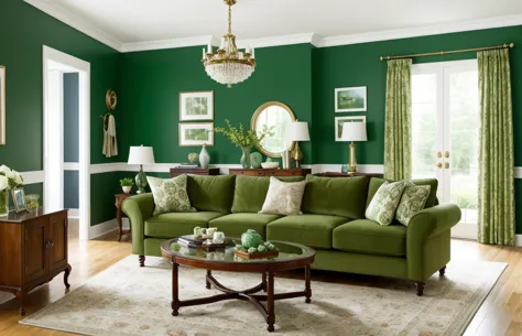 a close up of a living room with a green couch and a coffee table