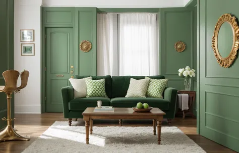 a close up of a living room with a green couch and a coffee table