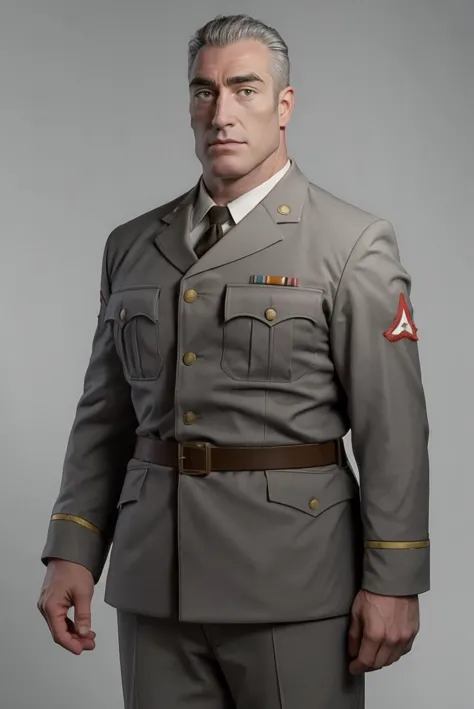 (RAW photo), 1boy, lylerourke, <lora:LyleRourke:0.7>, military uniform, standing, grey background, muscular