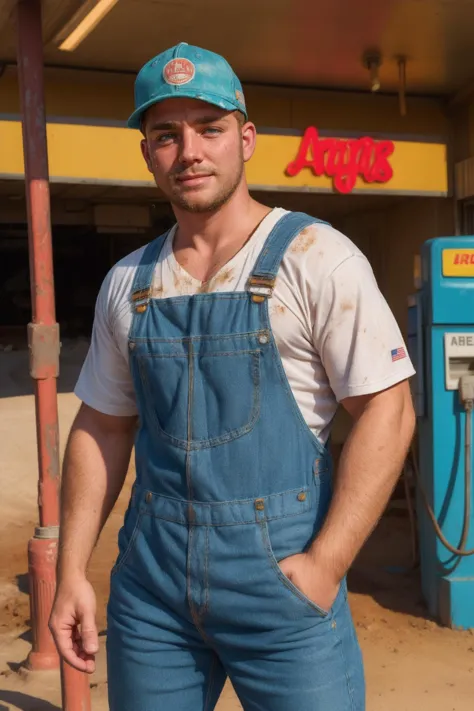 desert gas station, america, hot redneck, dirty overalls, sweaty, dirty, cap, posing next to gas pump, dynamic lighting, HDR, lo...