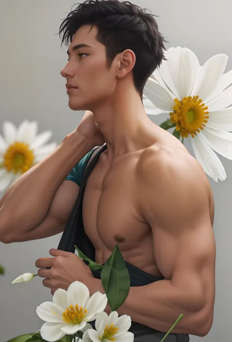 best quality,masterpiece,Ultra high detail,highres,A man,Short black hair,topless,(Flowers on the shoulder),(With flowers in his...