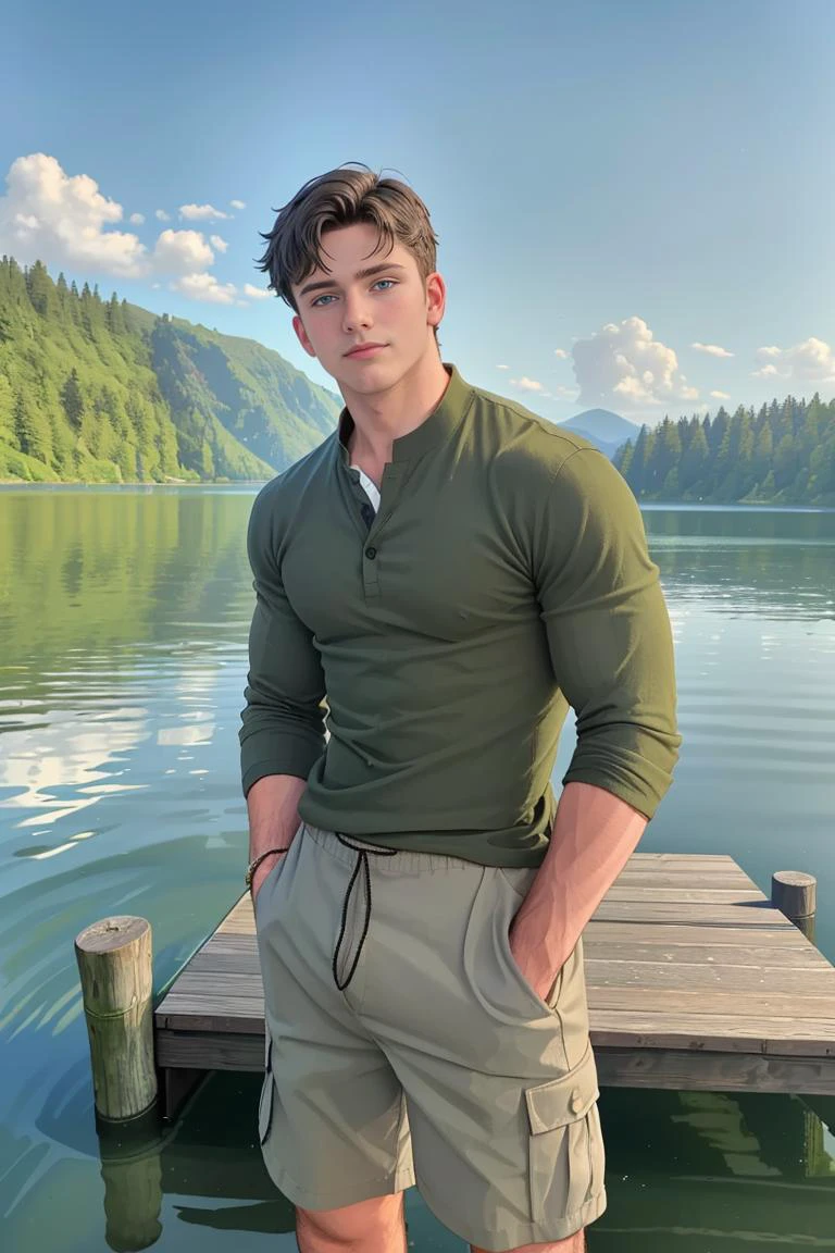 man levi_conely posando en un entorno tranquilo junto al lago con un muelle de madera y el agua brillante de un lago sereno al fondo, usando un suave, Camisa henley gris jaspeado con cuello de tres botones y pantalones cortos cargo resistentes de color verde oliva, retiro junto al lago