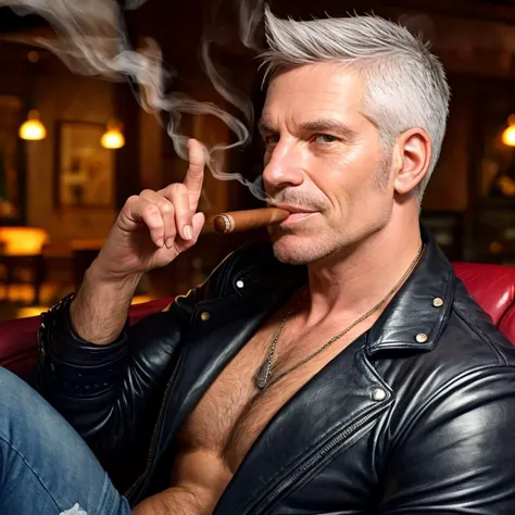 the most confident silverfox leather daddy in the kink club smoking a cigar as he gives you the look, intricate detail,
